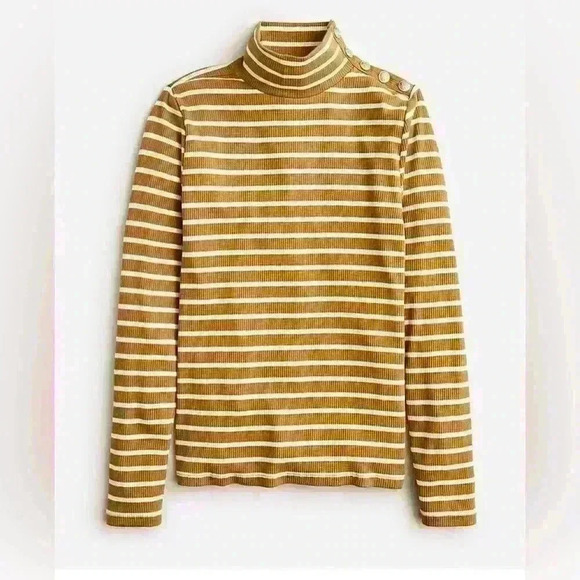 J. Crew Tops - J Crew Size Xl Vintage Ribbed Turtle Neck Top Buttons Stripes Neutral Shirt Gold